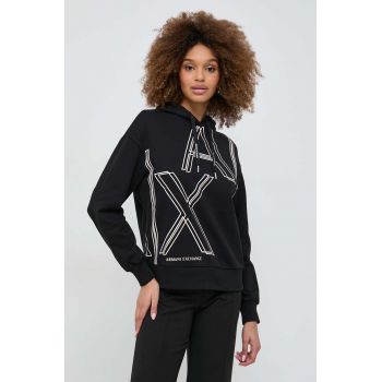 Armani Exchange bluza femei, culoarea negru, cu glugă, cu imprimeu