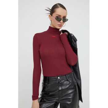 HUGO longsleeve femei, culoarea rosu, cu turtleneck