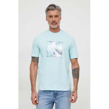Armani Exchange tricou din bumbac barbati, culoarea turcoaz, cu imprimeu