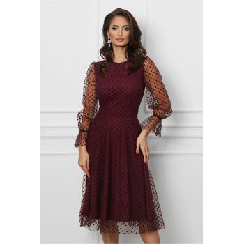 Rochie Dy Fashion bordo din tull cu buline catifelate
