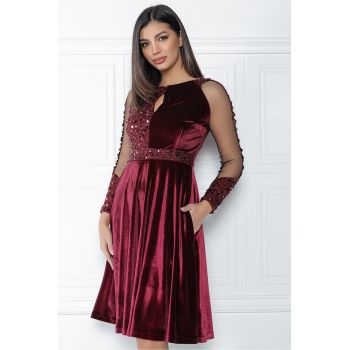 Rochie MBG bordo din catifea cu paiete si maneci din tull la reducere