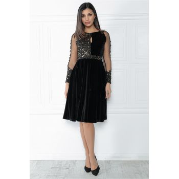 Rochie MBG neagra din catifea cu paiete si maneci din tull