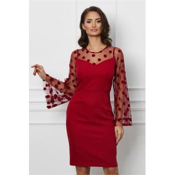 Rochie Moze bordo cu buline catifelate pe maneci