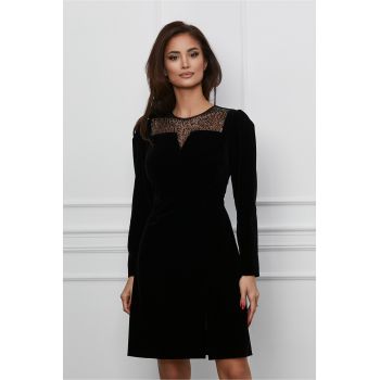 Rochie Moze neagra din catifea cu paiete la decolteu