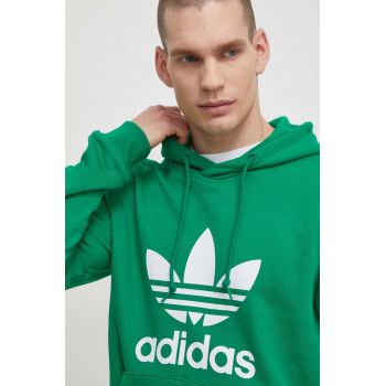 adidas Originals hanorac de bumbac Adicolor Classics Trefoil bărbați, culoarea verde , cu glugă, cu imprimeu IM9403