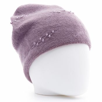 Caciula lila model tricotat cu perle fine aplicate, dublata in interior