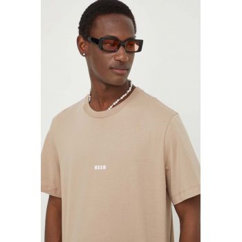 MSGM tricou din bumbac bărbați, culoarea bej, cu imprimeu 3640MM500.247002