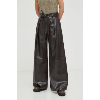 Day Birger et Mikkelsen pantaloni de piele femei, culoarea negru, lat, high waist