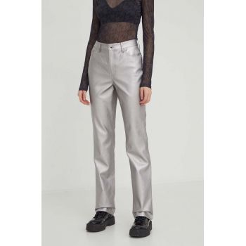 Karl Lagerfeld Jeans pantaloni femei, culoarea argintiu, drept, high waist