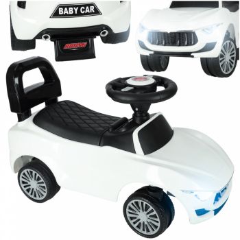 Masinuta pentru copii fara pedale Ikonka White Baby Car, cu sunete si lumini, spatar inalt cu posibilitatea de impingere, spatiu de depozitare, 3-6 ani, greutate maxima admisa 30 kg