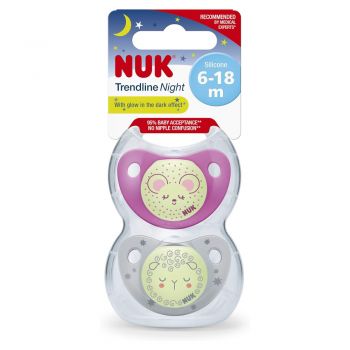 Set 2 suzete Nuk Night-Day din silicon M2 6-18 luni Roz de firma originala