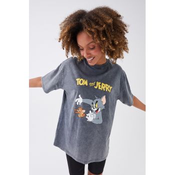 Tricou cu decolteu la baza gatului si imprimeu Tom&Jerry