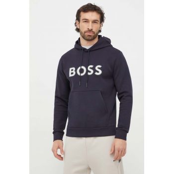 Boss Green bluza barbati, culoarea albastru marin, cu glugă, cu imprimeu