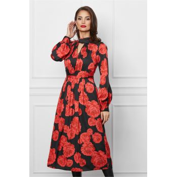 Rochie Leonard Collection neagra cu imprimeuri florale rosii la reducere