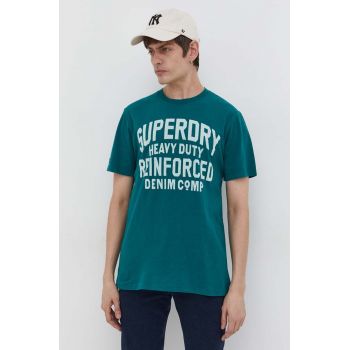 Superdry tricou din bumbac barbati, culoarea verde, cu imprimeu de firma original