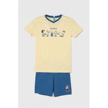 United Colors of Benetton pijamale de bumbac pentru copii culoarea galben, cu imprimeu ieftine