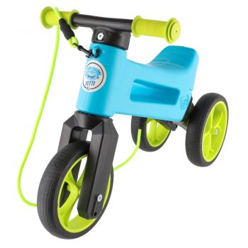 Tricicleta fara pedale 3 in 1 Funny Wheels Rider Yetti Superpack BlueLime, curea transport pe umar, transformabila in bicicleta (cu o roata spate), varsta 1-4 ani, inaltime scaun 27-29 cm, anvelope de cauciuc, cosulet