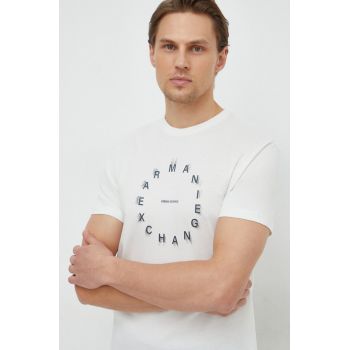 Armani Exchange tricou din bumbac barbati, culoarea bej, cu imprimeu ieftin