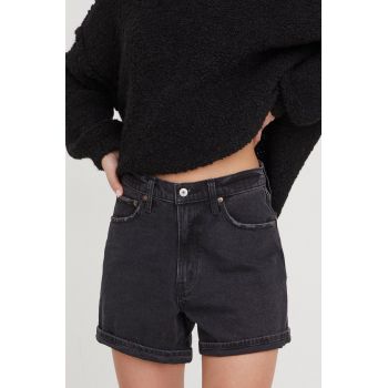 Abercrombie & Fitch pantaloni scurti jeans femei, culoarea negru, neted, high waist la reducere