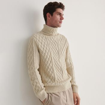 Reserved - Pulover tricotat cu torsade și cu guler rulat - Ivory