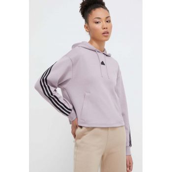 adidas bluză femei, culoarea violet, cu glugă, cu imprimeu IS3886