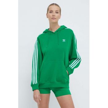 adidas Originals bluză 3-Stripes Hoodie OS femei, culoarea verde, cu glugă, cu imprimeu, IN8398 de firma original