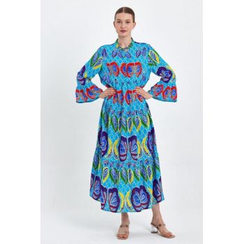 Rochie cu imprimeu boho  pe fond albastru, din vascoza