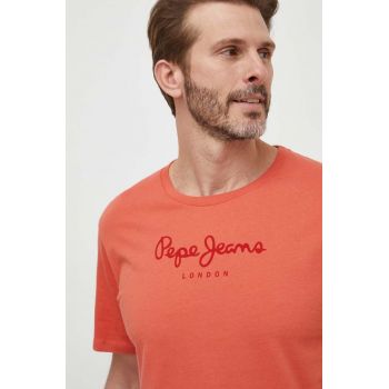 Pepe Jeans tricou din bumbac Eggo barbati, culoarea portocaliu, cu imprimeu ieftin