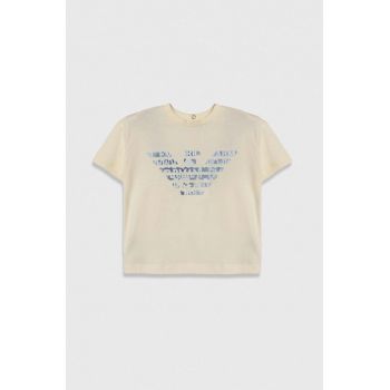 Emporio Armani tricou din bumbac pentru bebelusi culoarea bej, cu imprimeu