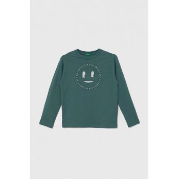 United Colors of Benetton longsleeve din bumbac pentru copii culoarea turcoaz, cu imprimeu