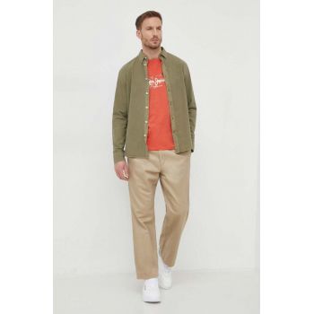 Pepe Jeans camasa din bumbac barbati, culoarea verde, cu guler button-down, regular