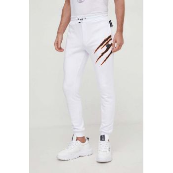 PLEIN SPORT pantaloni de trening culoarea alb, cu imprimeu de firma originali