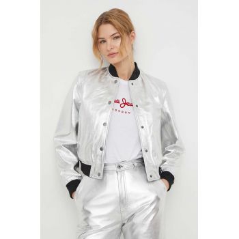 Pepe Jeans geaca bomber de piele femei, culoarea argintiu, de tranzitie