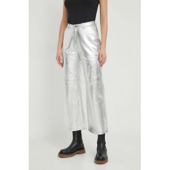 Pepe Jeans pantaloni de piele femei, culoarea argintiu, drept, high waist