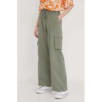 Roxy pantaloni de bumbac culoarea verde, lat, high waist ARJNP03286 ieftina