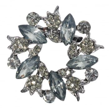 Brosa metalica argintie cu pietre fatetate, forma circulara cu flori la reducere