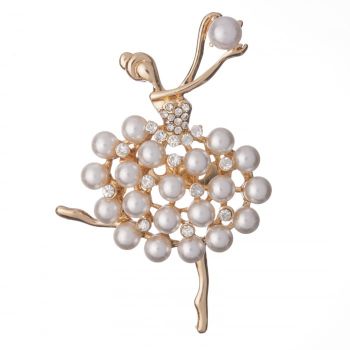 Brosa metalica aurie balerina cu perle albe si pietricele argintii la reducere