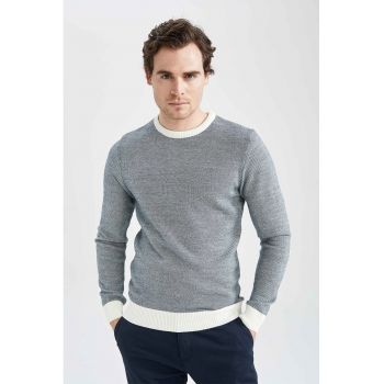 Pulover slim fit cu detalii contrastante - Gri - Alb -