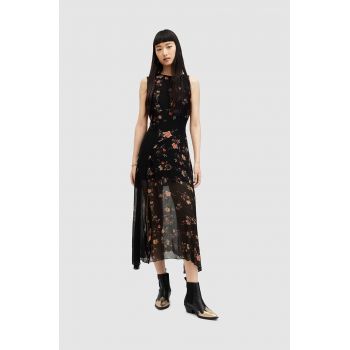 AllSaints rochie Jules Floral Tanana culoarea negru, midi, evazati