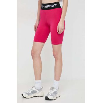 PLEIN SPORT pantaloni scurti femei, culoarea roz, cu imprimeu, high waist