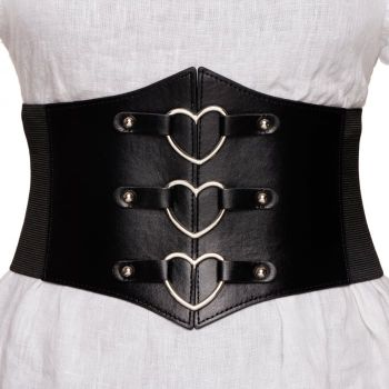 Centura corset lata din piele ecologica cu 3 inele metalice argintii in forma de inimi si elastic la spate de firma originala