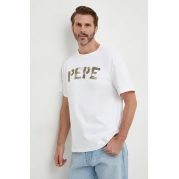 Pepe Jeans tricou din bumbac barbati, culoarea alb, cu imprimeu