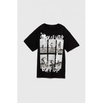 Sisley tricou de bumbac pentru copii culoarea negru, cu imprimeu