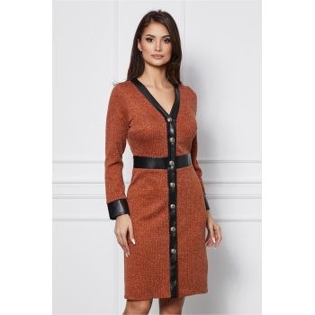 Rochie Dy Fashion caramizie cu insertie fir lurex si nasturi ieftina Rochie Dy Fashion caramizie cu insertie fir lurex si nasturi ieftina