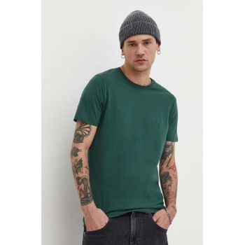 Solid tricou din bumbac barbati, culoarea verde, neted