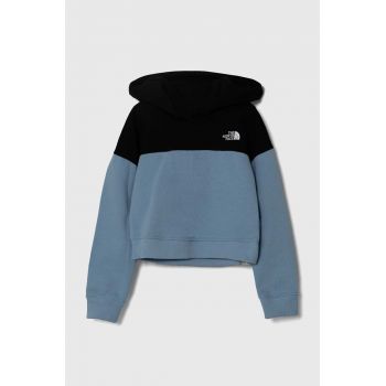 The North Face hanorac de bumbac pentru copii DREW PEAK CROP P/O HOODIE culoarea turcoaz, cu glugă, cu imprimeu