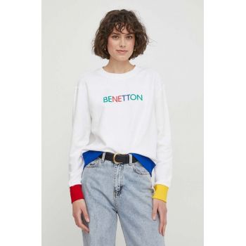 United Colors of Benetton hanorac de bumbac femei, culoarea alb, cu imprimeu de firma original