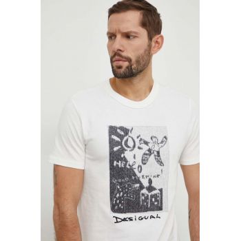 Desigual tricou din bumbac barbati, culoarea bej, cu imprimeu