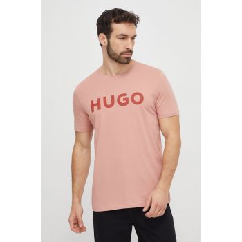 HUGO tricou din bumbac barbati, culoarea roz, cu imprimeu