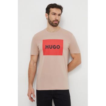 HUGO tricou din bumbac culoarea bej, cu imprimeu